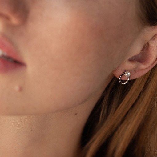 Серьги - пусеты "Круговорот" с жемчугом (белое золото) с08502 4