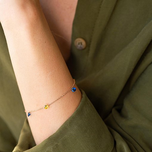 Золотой браслет "Украинка" (синие и желтые фианиты) б05144 2