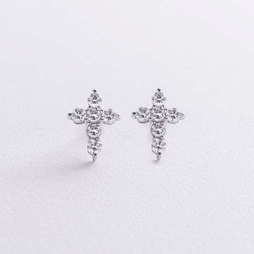 Серьги - пусеты "Крестики" в белом золоте (фианиты) с09035