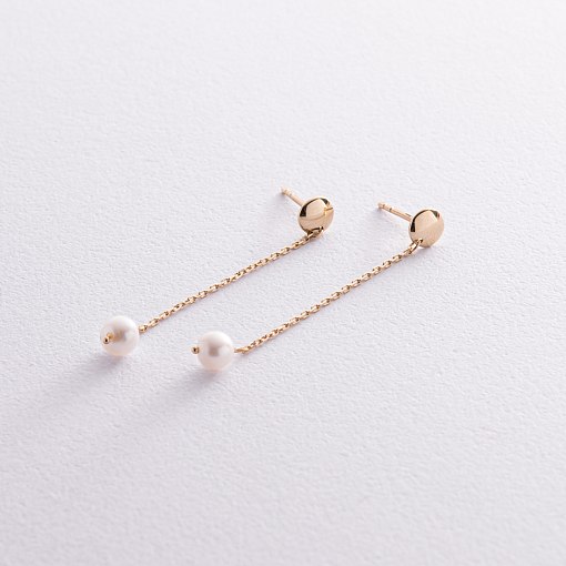 Серьги - пусеты "Жемчужина на цепочке" в желтом золоте с08293 3