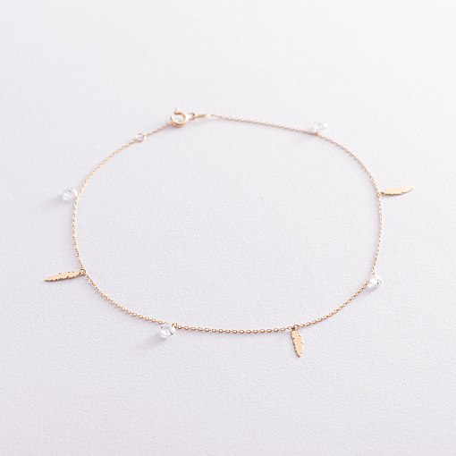 Золотой браслет "Перышки" на ногу (фианиты) б04797