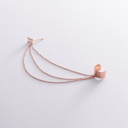 Серьга - каффа "Тринити" в красном золоте с цепочками (фианит) с08019 2