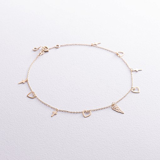 Браслет "Сердечки и крестики" на ногу (желтое золото) б05124