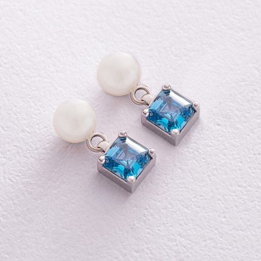 Золотые серьги - пусеты "Альма" (голубые фианиты, жемчуг) с08250