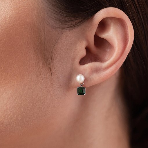 Золотые серьги - пусеты "Альма" (зеленые фианиты, жемчуг) с08248 4
