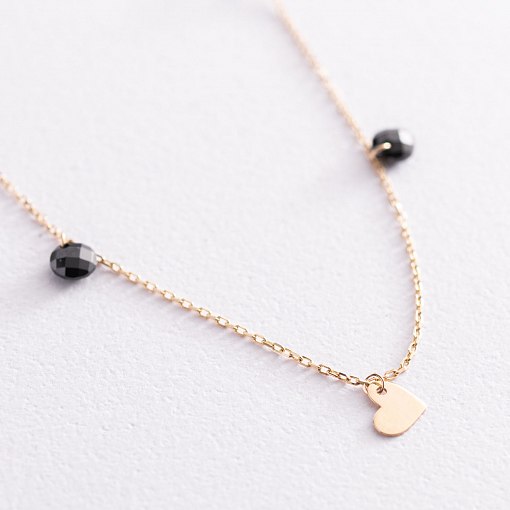 Золотой браслет "Сердечки и монетка" на ногу (черные фианиты) б04796 5