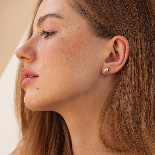 Серьги - пусеты "Капельки" с жемчугом (белое золото) с09055 2