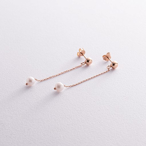 Серьги - пусеты "Жемчужина на цепочке" в красном золоте с08291 3