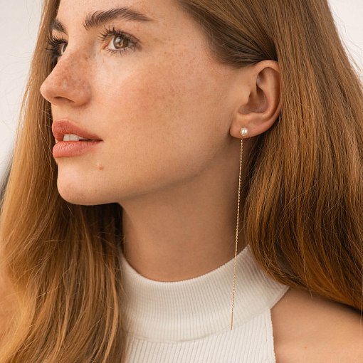 Серьги - протяжки с жемчугом (красное золото) с09072