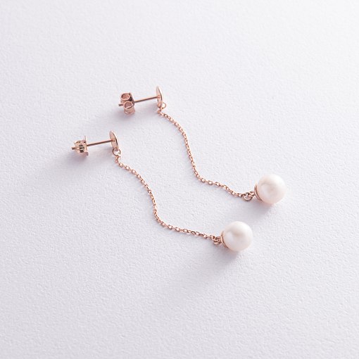 Серьги - пусеты "Жемчужина на цепочке" в красном золоте с08315 5