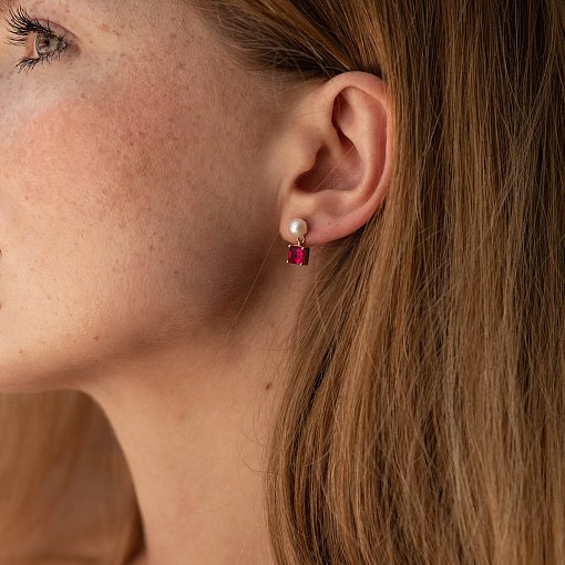 Золотые серьги - пусеты "Альма" (розовые фианиты, жемчуг) с08252 4