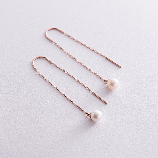 Серьги - протяжки с жемчугом (красное золото) с08268 7