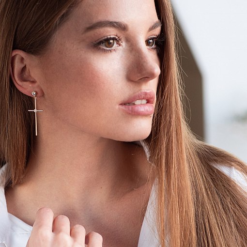 Серьги - пусеты "Кресты" в желтом золоте (фианиты) с07369 2