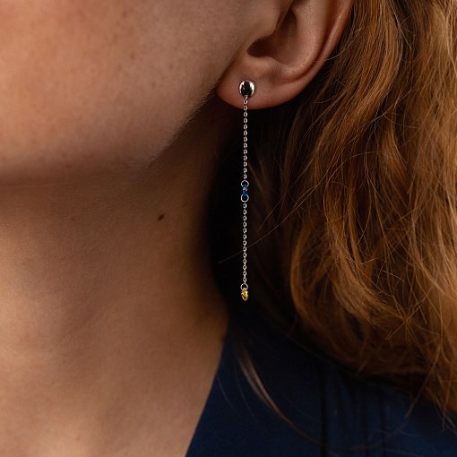 Висячие золотые серьги - пусеты "Украинка" (голубые и желтые фианиты) с08101 2