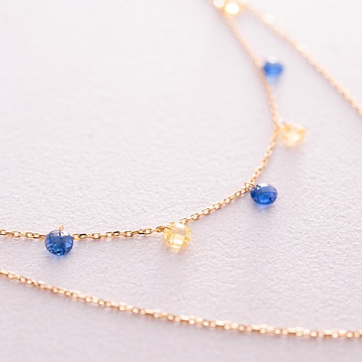 Двойное золотое колье "Украинка" с монеткой (синие и желтые фианиты) кол02325 3