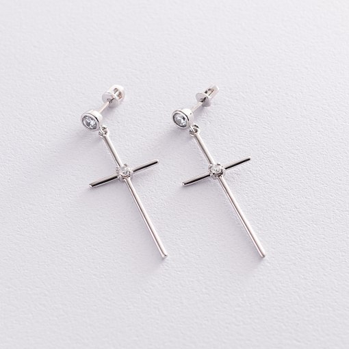 Серьги - пусеты "Кресты" в белом золоте (фианиты) с07368