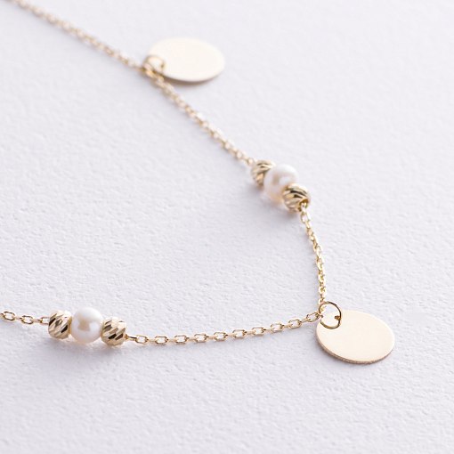 Браслет "Монетки и шарики" с жемчугом на ногу (желтое золото) б05368 3