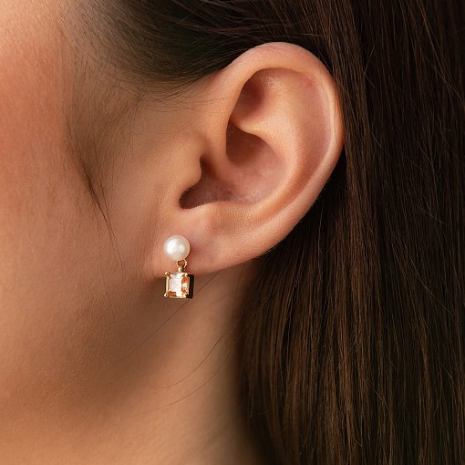 Золотые серьги - пусеты "Альма" (оранжевые фианиты, жемчуг) с08259 2