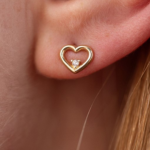 Серьги - пусеты "Сердечки" в желтом золоте (фианиты) с08614 5