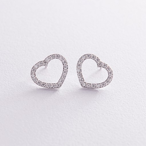 Золотые серьги - пусеты "Сердечки" с фианитами с08281