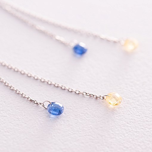 Висячие золотые серьги "Украинка" (голубые и желтые фианиты) с08102 3