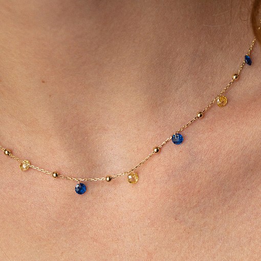 Золотое колье "Независимая" с шариками (синие и желтые фианиты) кол02321 4