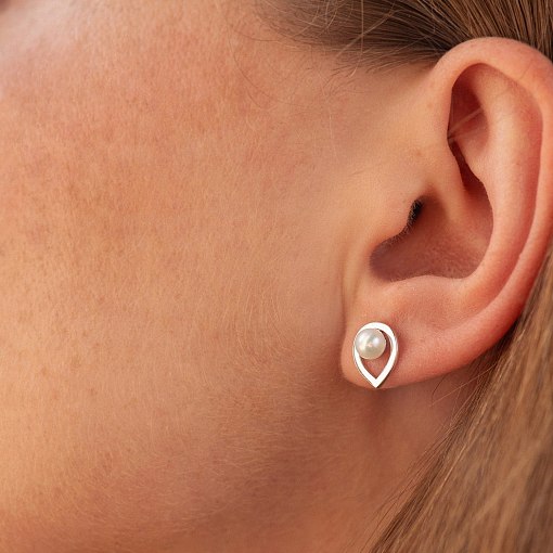 Серьги - пусеты "Капельки" с жемчугом (белое золото) с09055 4