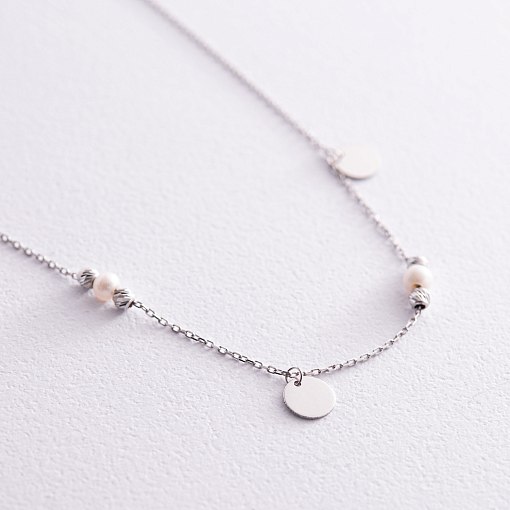 Браслет "Монетки и шарики" с жемчугом на ногу (белое золото) б05123 2