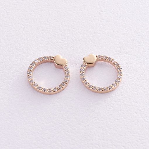 Серьги - пусеты "Сердечки" с фианитами (желтое золото) с08466