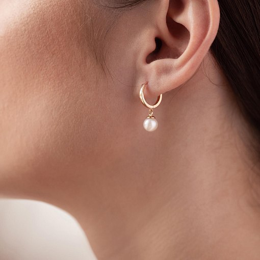 Золотые серьги - кольца с жемчугом с08273 5