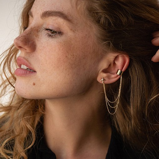 Серьга - каффа "Самолет" в желтом золоте с цепочками с08385 5