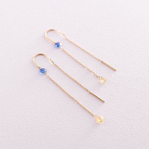 Золотые серьги - протяжки "Украинка (голубые и желтые фианиты) с08103