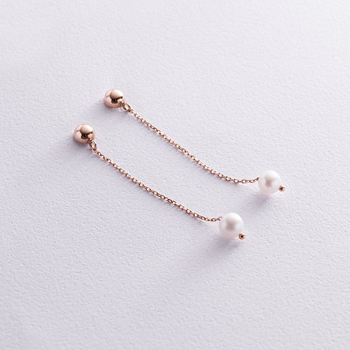 Серьги - пусеты "Жемчужина на цепочке" в красном золоте с08291 5