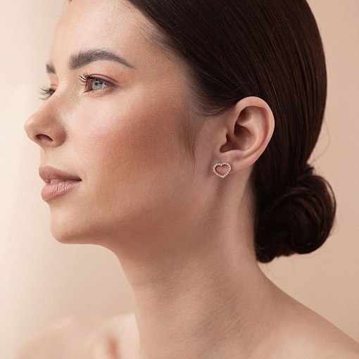 Золотые серьги - пусеты "Сердечки" с фианитами с08443 2