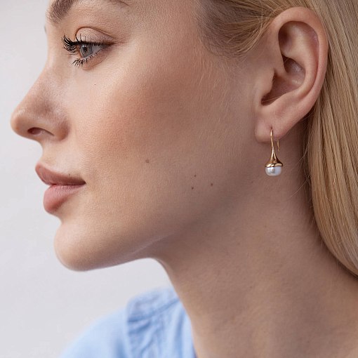 Золотые серьги - петельки с жемчугом с07865 4