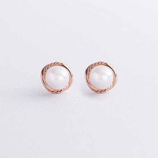 Золотые серьги - пусеты с жемчугом с09105