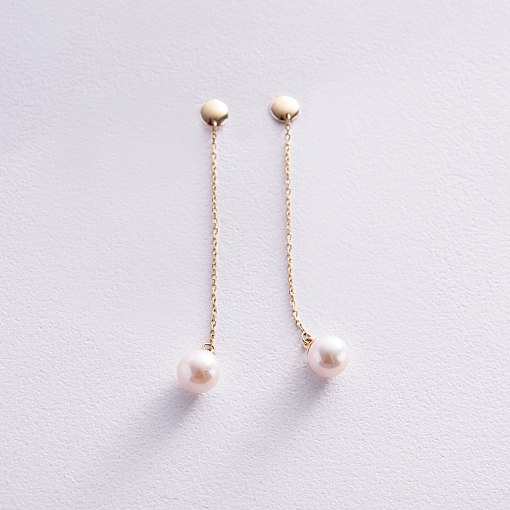 Серьги - пусеты "Жемчужина на цепочке" в желтом золоте с08294 6