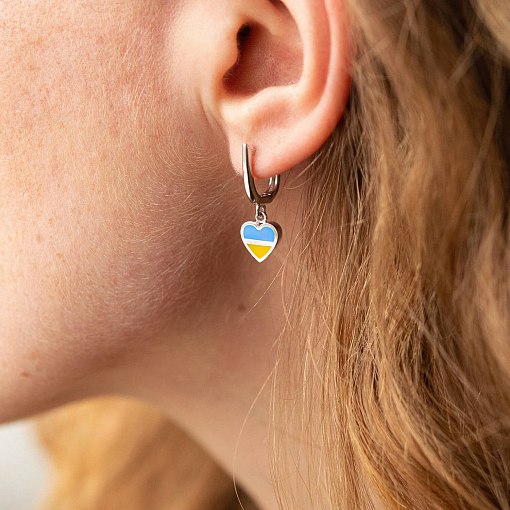 Серьги "С Украиной в сердце" в белом золоте (голубая и желтая эмаль) с08096 2