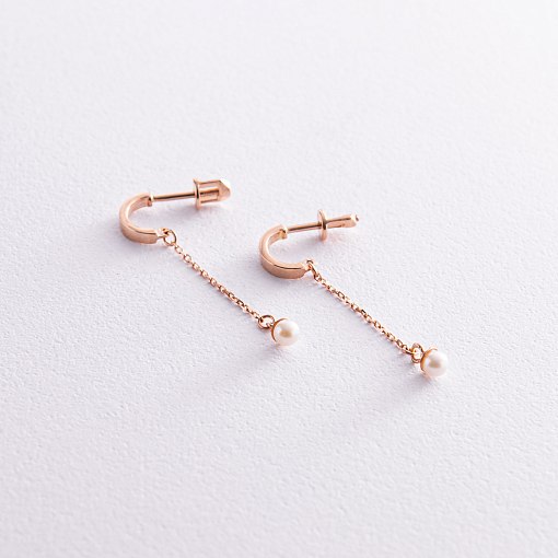 Золотые серьги - пусеты "Миранда" с жемчугом на цепочке с07939 6