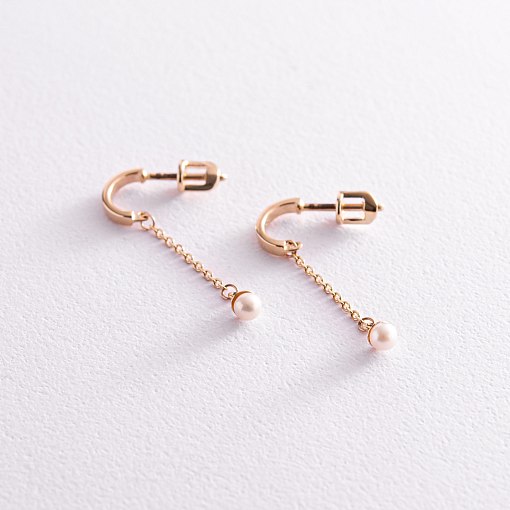 Золотые серьги - пусеты "Миранда" с жемчугом на цепочке с07864 3