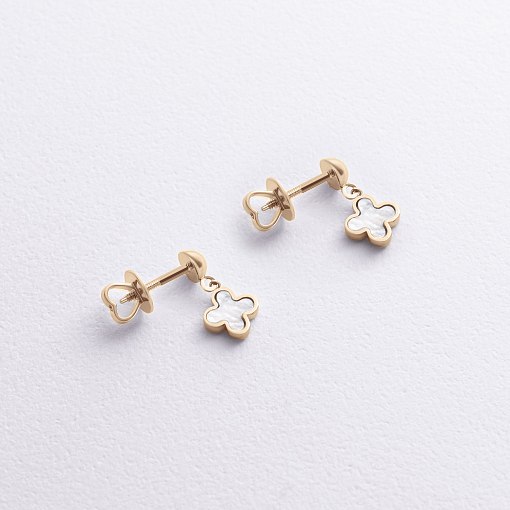 Золотые серьги - пусеты "Клевер" (перламутр) с09288 2