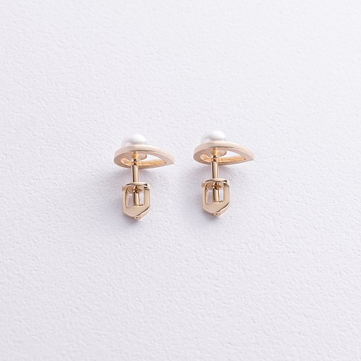 Серьги - пусеты "Капельки" с жемчугом (желтое золото) с08732 3