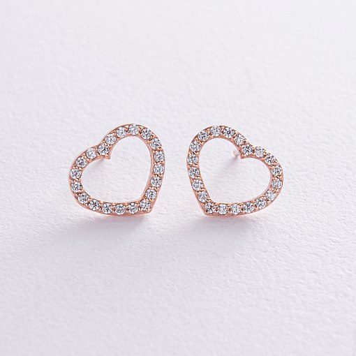 Золотые серьги - пусеты "Сердечки" с фианитами с08438 2