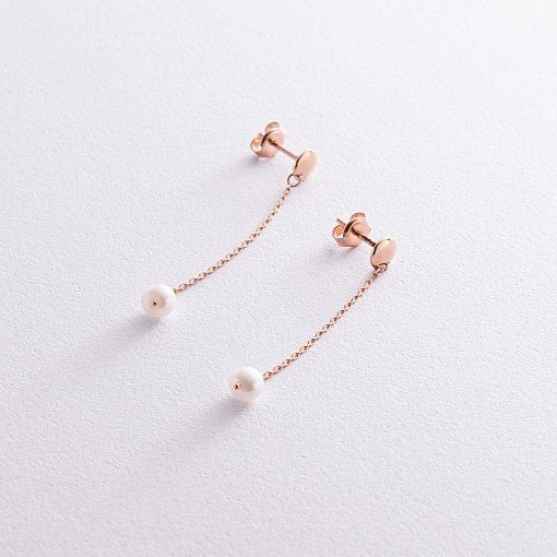 Серьги - пусеты "Жемчужина на цепочке" в красном золоте с08292 3