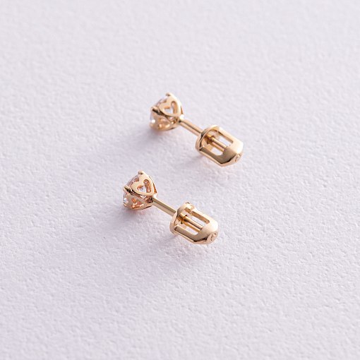 Серьги - пусеты "Сердечки" в желтом золоте (фианиты) с06942 3