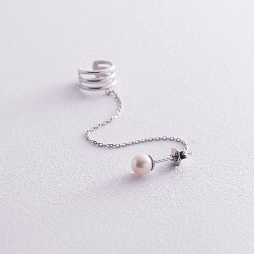 Серьга - каффа "Тринити" с жемчужиной (белое золото) с08251 10