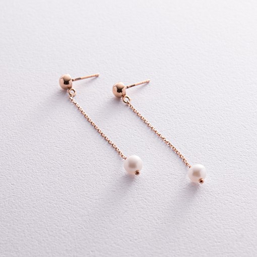 Серьги - пусеты "Жемчужина на цепочке" в красном золоте с08291