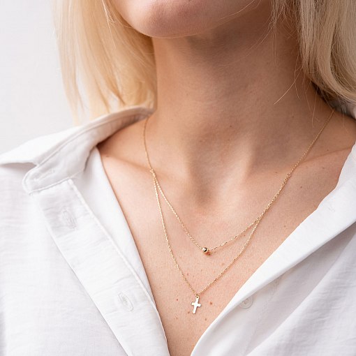 Двойное золотое колье "Крестик и шарик" кол01924 2