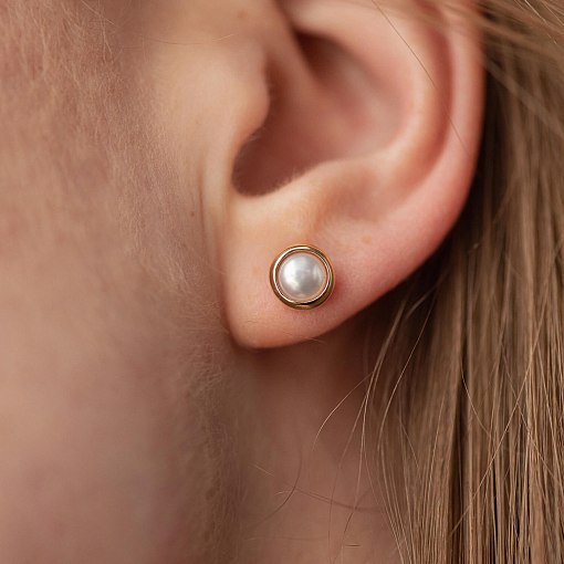 Серьги - пусеты с жемчугом (желтое золото) с08505 6