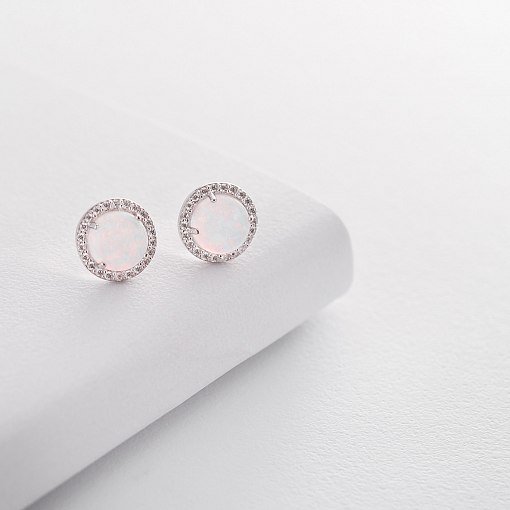 Золотые серьги-пусеты "Сияние" (им. опал, фианит) 10 мм с06326 2